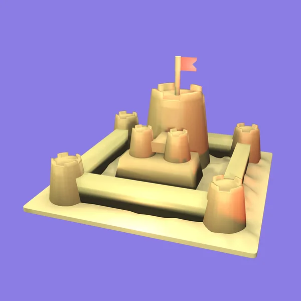 3D夏の砂の城のアイコンは 紫色の背景に孤立レンダリングされました あなたのデザインのためのシンプルでエレガントなオブジェクト — ストック写真