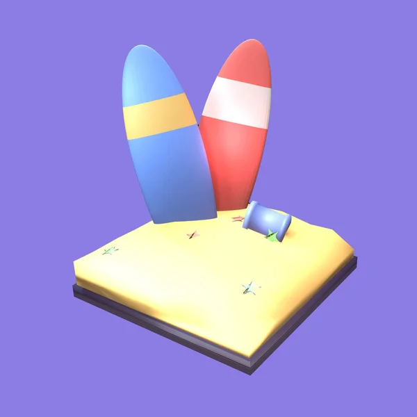 3D夏のサーフィンボードのアイコンは 紫色の背景に孤立レンダリングされました あなたのデザインのためのシンプルでエレガントなオブジェクト — ストック写真