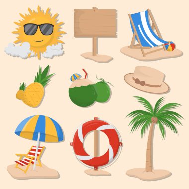 Renkli arkaplanda 9 yaz ikonu çizimi izole edildi. Güneş, tabela, plaj sandalyesi, ananas, hindistan cevizi, şapka, plaj şemsiyesi, can simidi ve hindistan cevizi ağacı nesneleri tasarımınız için..