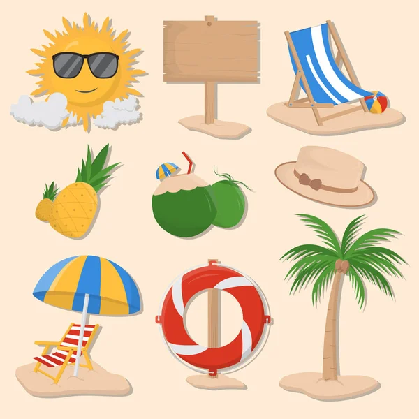 Summer Icon Illustrations Set Isolated Colored Background Sun Signpost Beach — Stock Vector