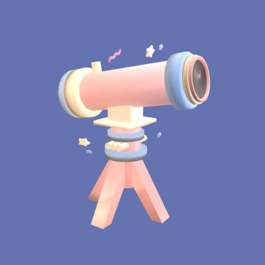 Üç boyutlu simge, renkli arkaplanda izole edilmiş olarak okul teleskopuna geri döndü. Tasarımın için basit ve zarif bir nesne.