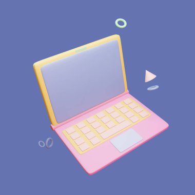 Renkli arkaplanda izole edilmiş üç boyutlu dizüstü bilgisayara geri dönüş simgesi. Tasarımın için basit ve zarif bir nesne.