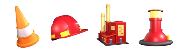 3D图标劳动节集合在白色背景下被隔离 建筑用锥形 建筑用帽 厂房和工厂用烟囱物品供您设计 — 图库照片