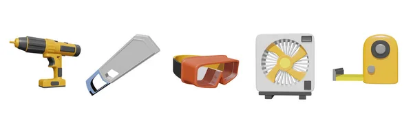 3D图标劳动节集合在白色背景下被隔离 为您的设计提供钻具 安全护目镜 工业用通风风扇和胶带测量物品 — 图库照片