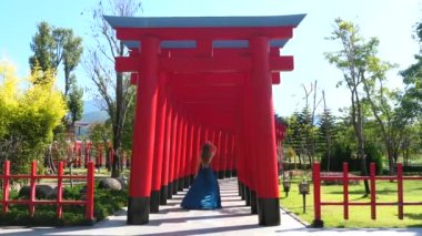 Japonya 'ya seyahat et. Kırmızı Torii türbesi kapılarından içeri giren uzun elbiseli bir kadın. Bir Japon anıtı, turistik ünlü bir yer..