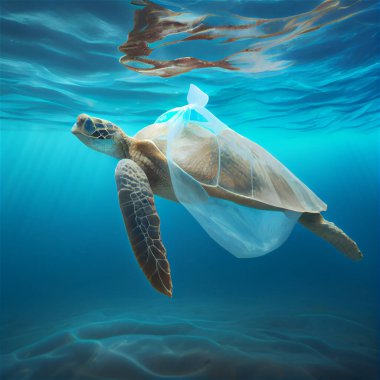 Plastik torbayla yüzen deniz kaplumbağası. Sualtı hayvanları sudaki çöplerden zarar görür. Kaplumbağa plastik torbaya sıkışmış, ekolojik bir felaket. Okyanustaki plastik kirliliği, çevresel sorun