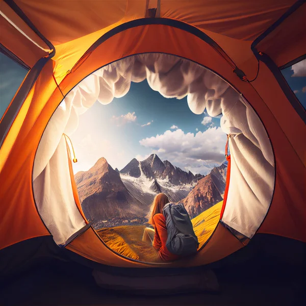 Travel woman is resting in a valley with a tent. View from tent to female traveler with backpack sitting near camping tent, enjoy mountain view. Active tourism, outdoors activity.