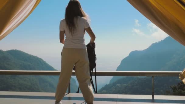 Woman Unfold Chair Sitting Terrace Mountain Landscape Clear Blue Sky — Video