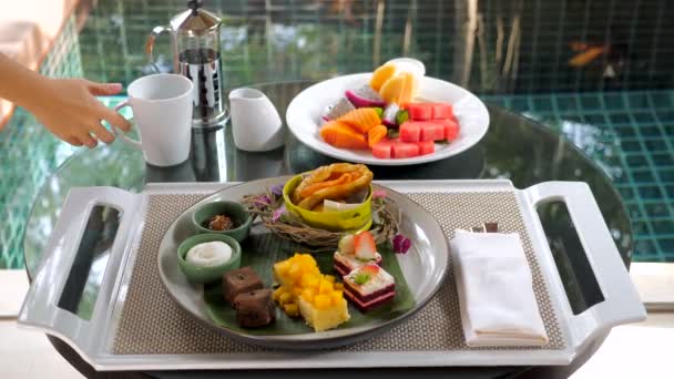 Woman Enjoy Delicious Breakfast Luxury Villa Table Set Plates Full — Stockvideo