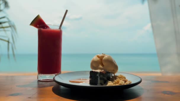 Refreshing Watermelon Shake Drink Melted Ice Cream Beach Table Stunning — Vídeo de Stock