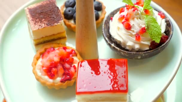 Sweet Delights Afternoon Tea Stand Plate Assortment Delicious Cakes Tartlets — Vídeo de Stock