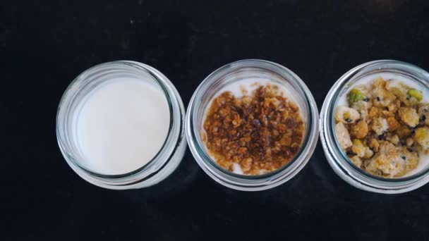 Delicious Mix Granola Nuts Yogurt Jars Healthy Sporty Fitness Food — 비디오
