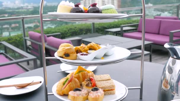 Elegant Afternoon Tea Setup Complete Tiered Trays Fresh Sandwiches Pies — Video