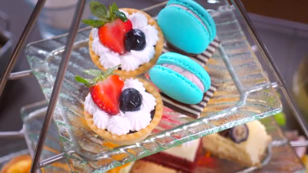 Perfect Afternoon Tea Indulgence Assortment Rich Colorful Tartlets Macarons Set — Vídeo de Stock