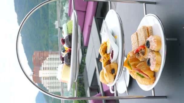 Vertical Video Elegant Afternoon Tea Setup Complete Tiered Trays Fresh — 图库视频影像