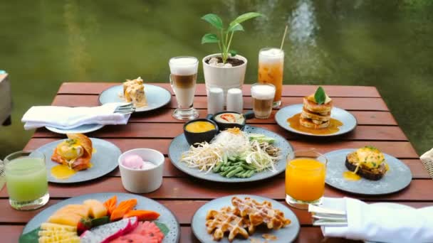 Luxury Hotel Breakfast Table Full Fruits Pastries Eggs Juices Coffee — Stockvideo