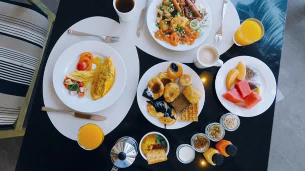 Breakfast Options Tropical Hotel Buffet Top View Morning Meal Fresh — Stockvideo