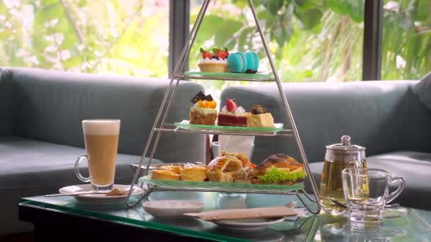 Afternoon Tea Stand Colorful Macarons Petit Cakes Tiny Sandwiches Paired — Vídeo de stock
