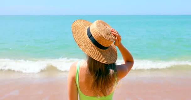 Weibliche Reisende Genießen Ein Entspanntes Sonnenbad Einem Tropischen Strand Türkisfarbenes — Stockvideo