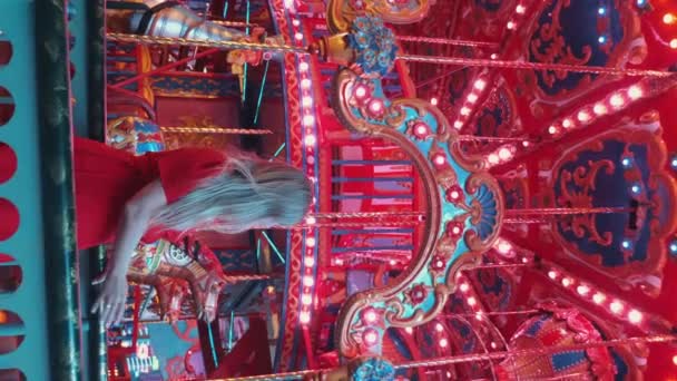 Happy Woman Fun Enjoy Day Amusement Park Illuminated Merry Carousel — Stock Video