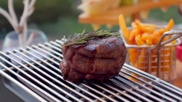 Juicy Steak Sizzling Grill Seasoned Rosemary French Fries Background Fresh — Stock Video