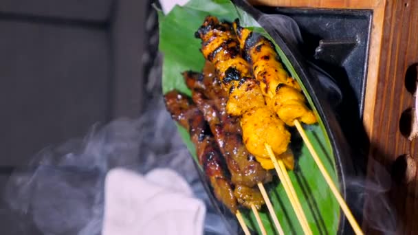 Chicken Satay Smoke Rising Grill Delicious Grilled Meat Stick Traditional — Stock Video