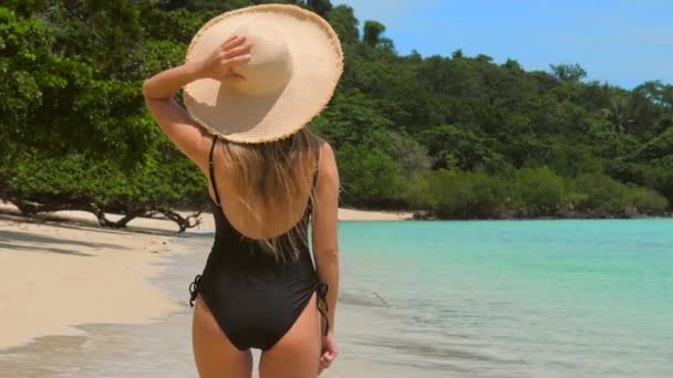 Vista Posterior Una Mujer Joven Sombrero Paja Tomando Sol Orilla — Vídeo de stock
