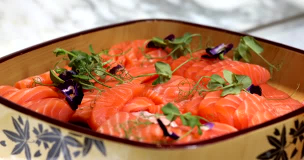 Freshly Cut Raw Salmon Fillet Natural Herb Garnish Served Gourmet — Stock Video