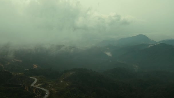 雨の日は 山の丘や森に霧 神秘的な美しさをもたらします 霧が道路や木々の上を流れ 劇的な風景を作り出します — ストック動画