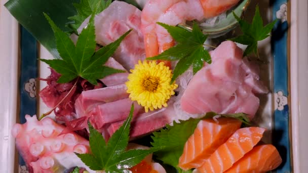 アジア料理店で提供されるサーモン マグロ タコを使った刺身 新鮮でおいしく ヘルシーな日本料理をお楽しみください トップ表示 — ストック動画