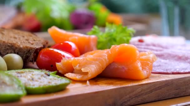 Hand Picks Delicious Piece Smoked Salmon Served Wooden Board Bread — Stock Video