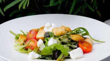 Sezaryan salata tabağı, ızgara tavuk ve kızarmış ekmek. Açık kafede taze ve organik yemek, yeşil marul ve lezzetli bir sos..