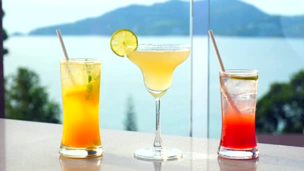 Three Vibrant Fruit Margarita Cocktails Colorful Glasses Perfect Summer Getaway — Stock Video