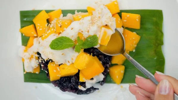Top View Thai Mango Sticky Rice Delicious Dessert Made Fresh — стоковое фото