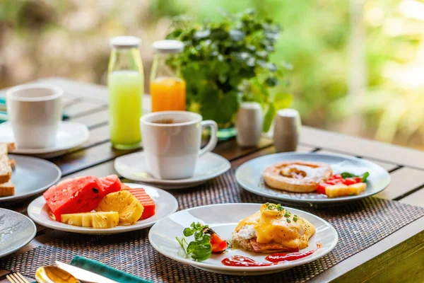 Morgon Frukostbord Tropisk Resort Läcker Och Hälsosam Måltid Med Färsk — Stockfoto