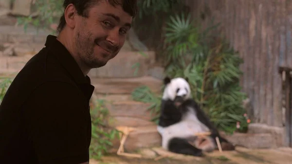 Entusiasta Vida Silvestre Observando Panda Gigante Juguetón Reserva Conservación Hombre —  Fotos de Stock