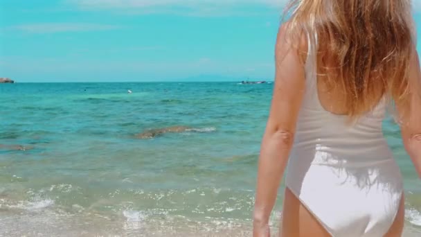水着の女性はシュノーケルマスクとフィンで海水を歩きます 水中シュノーケリング体験の準備 トロピカルビーチ休暇のコンセプト — ストック動画