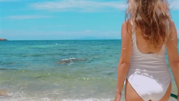 Sensuell Ung Kvinna Håller Snorkel Mask Och Fenor Redo För — Stockvideo