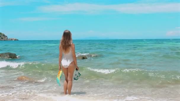 マスクとフィンでターコイズ海でシュノーケリング トロピカルビーチ休暇 冒険的な水中体験の概念 — ストック動画