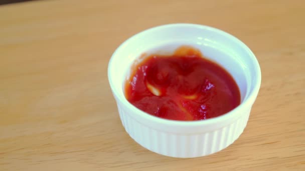 Closeup Shot Juicy Crispy French Fry Dipped Rich Red Tomato — Stock Video