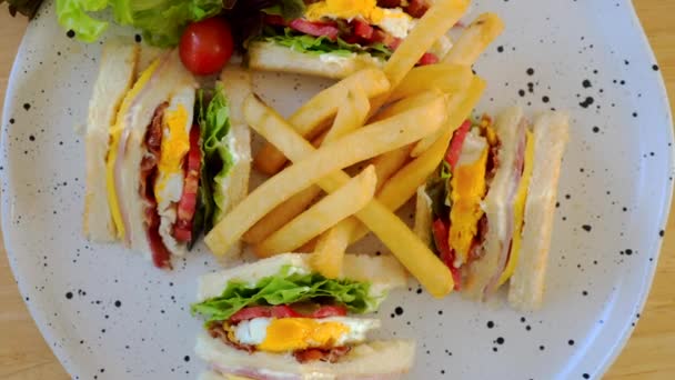 健康营养的俱乐部三明治 配以熏肉 西红柿和蛋黄酱 并配以烤面包和薯条 — 图库视频影像