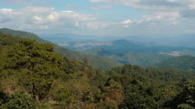 Geniş orman tepe örtüsü, dağ sıraları, açık bir gün, dokunulmamış doğa manzarası, çevresel koruma alanı.