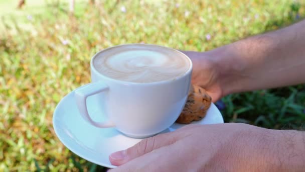 コーヒーとクッキーを 親指と指で包み込んでる 草の背景にあるコーヒー 食べ物を分かち合うリラックスした瞬間 — ストック動画