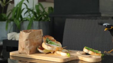 Kuşlar, açık verandada kağıt poşetin yanında tahta kesme tahtasındaki sandviçi gagalarken vahşi yaşam yemek alanlarına tecavüz ederken. Vahşi yaşam ve şehir yaşam tarzının etkileşimi.