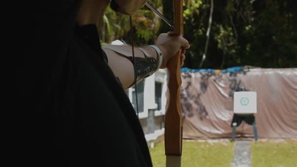 Focused Individual Practicing Archery Close Attention Technique Precision Showcasing Skills — Stock Video