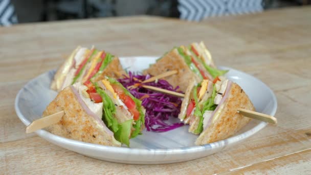 Sandwich Vegetariano Recién Preparado Con Verduras Variadas Queso Pan Integral — Vídeos de Stock