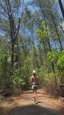 Güneşli bir günde ormanda yalnız başına koşmaktan hoşlanan bir kadın, doğaya dalmış ve fiziksel ve zihinsel refah için açık havada spor yapıyor. Açık hava egzersizi ve doğa ile bağlantı.