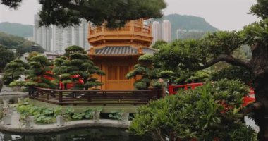 Geleneksel Çin bahçesi, canlı yeşillik, bonsai ağaçları, zambak havuzu ve modern şehir manzarası ve arka planda dağlarla çevrili pagoda. Doğa ve mimarinin mükemmel bir karışımı..