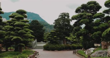 Huzurlu Asya bahçesi, manikürlü ağaçlar, taş patikalar, oturma alanları, ve uzak dağ arkaplanı, dinlenmek ve düşünmek için huzurlu bir açık hava alanı sunuyor..