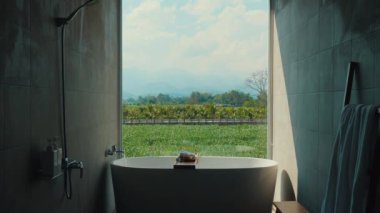Küvetten Doğa Manzaralı Modern Tuvalet, Huzurlu ve Rahatlatıcı Atmosfer, Lüks Ev Tasarımı.